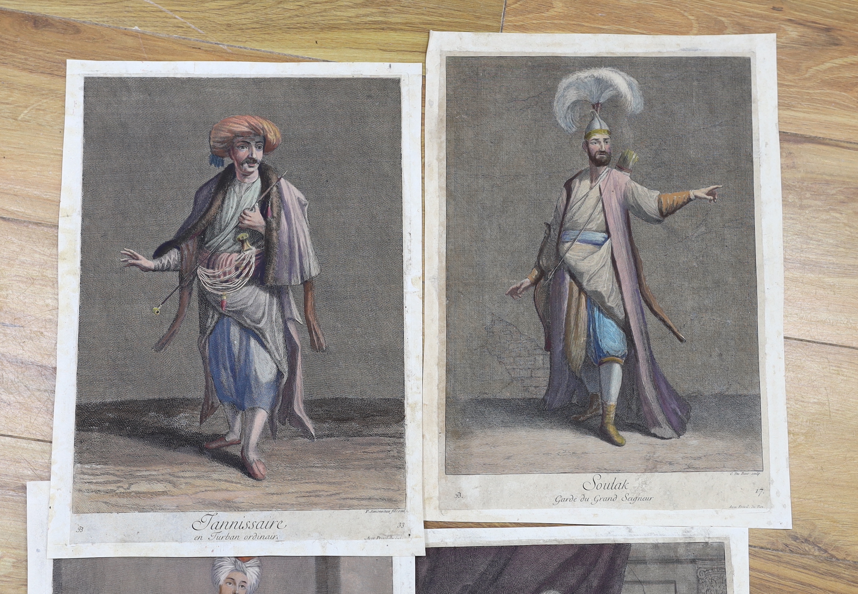 After Jean Baptiste Vanmour (Flemish/French, 1671-1737), a collection of eight hand coloured engravings of Turkish costumes, together with a small collection of hand coloured lithographs relating to Turkey and other Midd